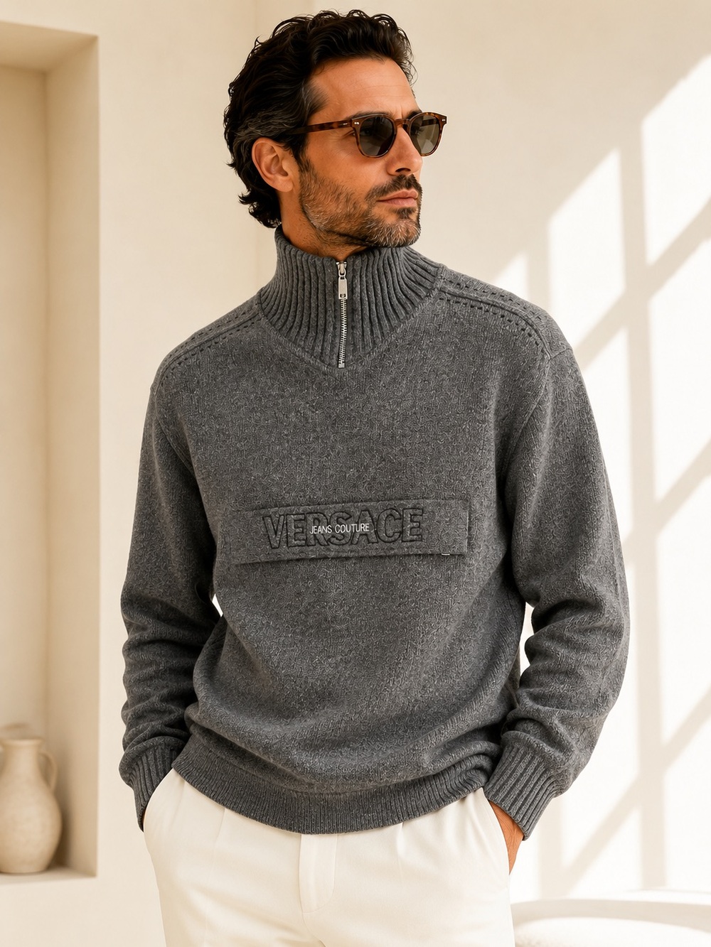 Versace Jeans Couture Archive Wool Zip Knit Quiet Luxury Sz L